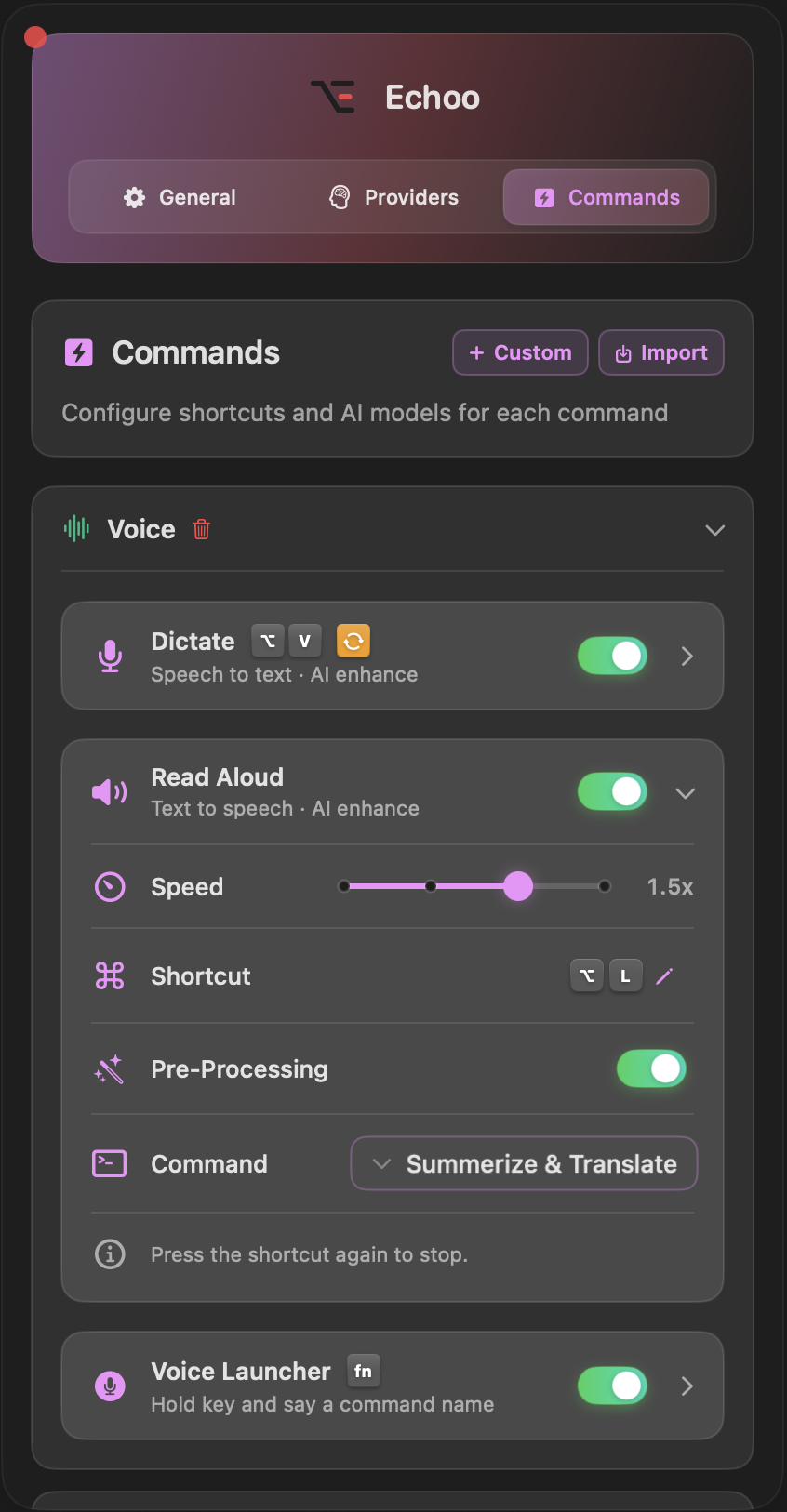 Read Aloud settings panel