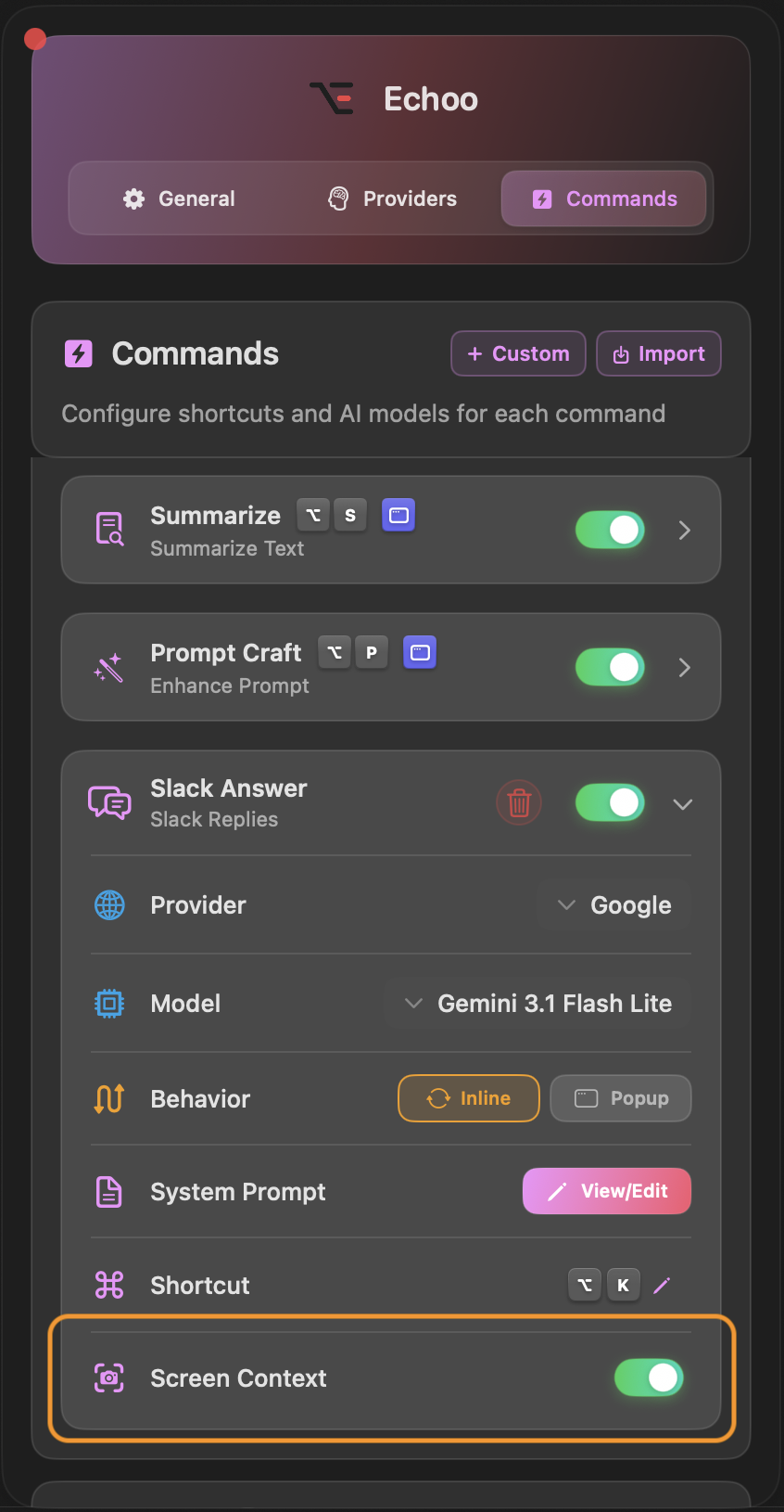 Screen Context toggle in command settings