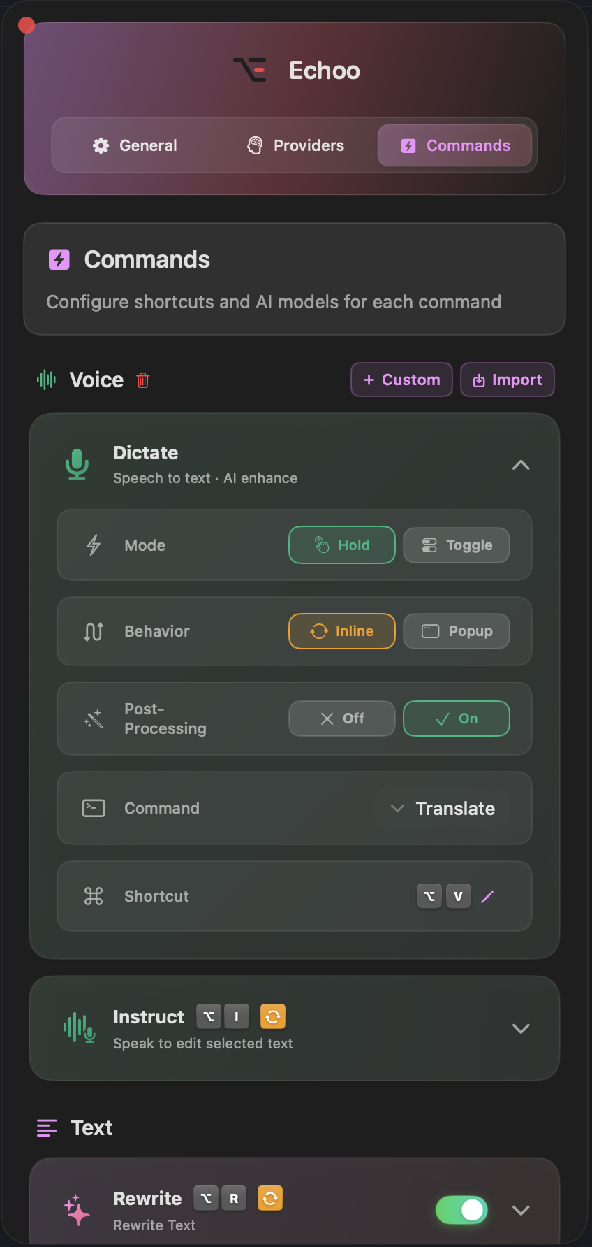 Voice command settings